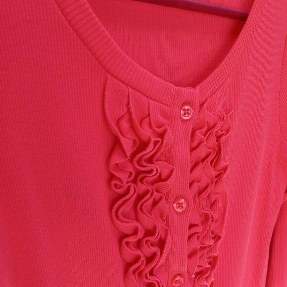 Coral Pink Ribbed Long Sleeved Shirt Ruffled Front & Buttons Size Petite (T-381) - Picture 7 of 8